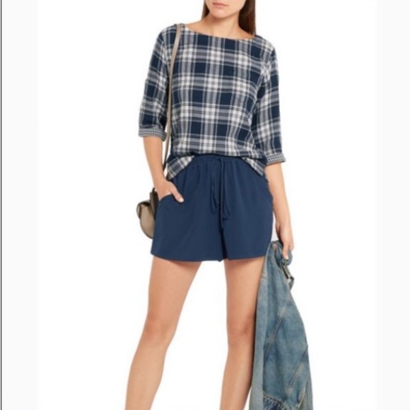 Madewell Navy Blue Flannel Plaid Boxy 3/4 Sleeve Blouse Top Women’s Size Large - Picture 2 of 14